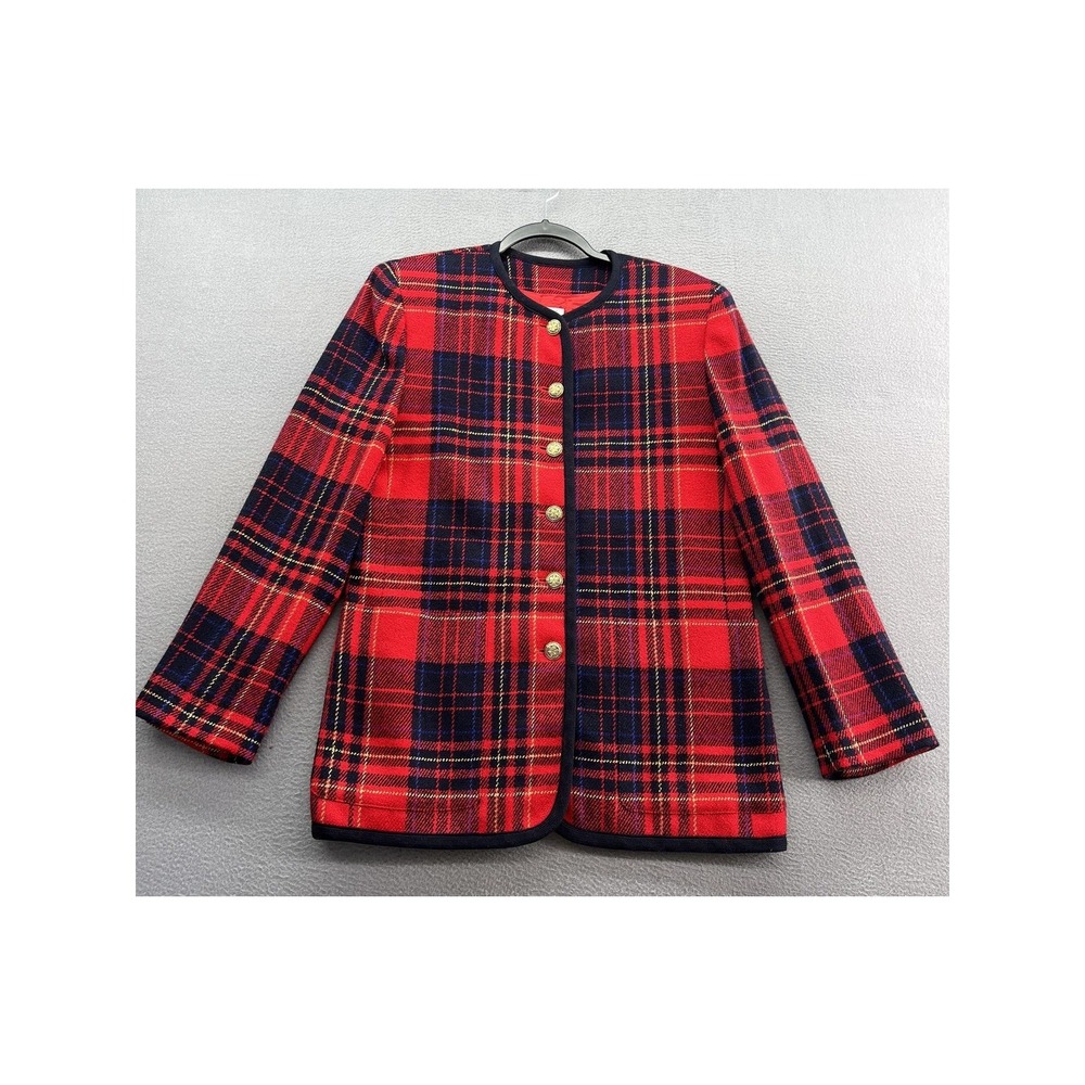 Liz Claiborne Collection Blazer Womens 10 Red Tartan Plaid Wool Blend Jacket VTG
